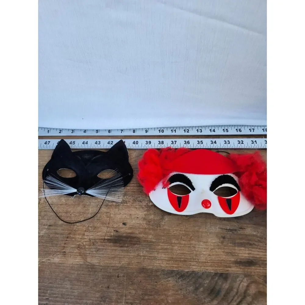 Vtg Masquerade‎ Eye Mask Black Cat Whiskers and Clown Pretend Costume 2 Pcs
